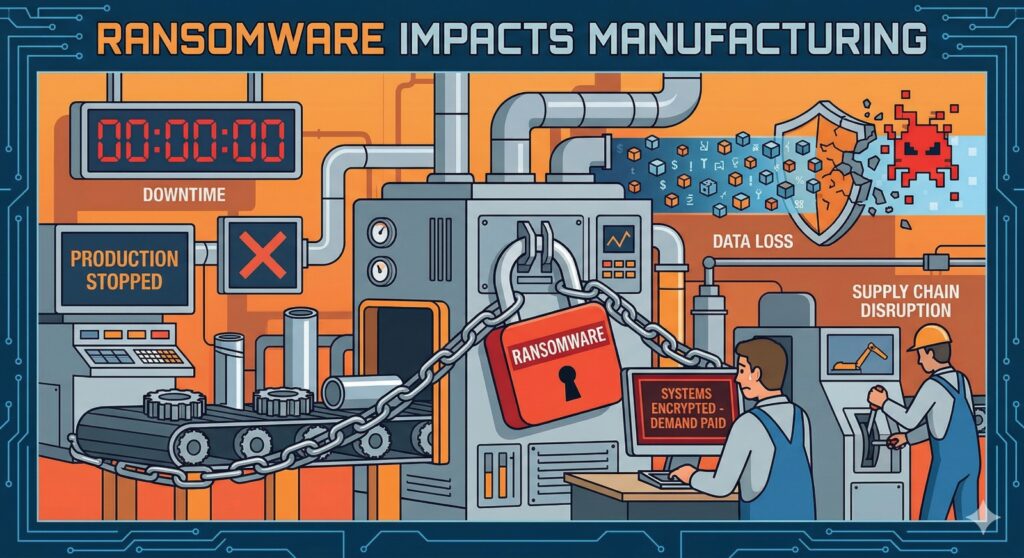 An informative 2D illustration titled "Ransomware Impacts Manufacturing" showing a factory production line halted by a large red padlock labeled "Ransomware." The image features a digital timer at zero, a "Production Stopped" notification, and icons representing data loss and supply chain disruption. A worried factory worker sits at a computer screen displaying an encryption message while digital "glitch" effects and a red virus monster icon attack a protective shield in the background.